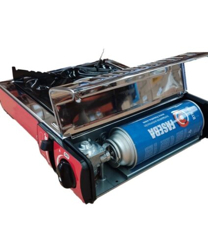 Fogão a gás portátil com cartucho de butano.