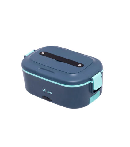 Caixa térmica portátil azul com fecho seguro.