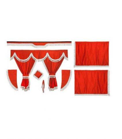 Kit Cortinas Tecido Opaco Vermelho Franjas Branco
