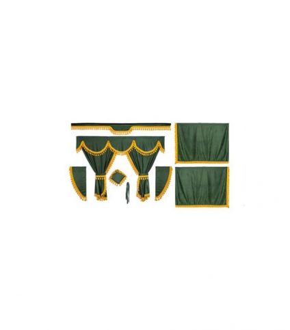 Kit Cortinas Tecido Opaco Verde Franjas Dourado