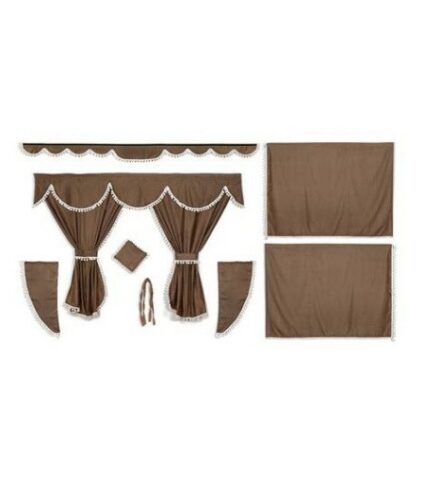 Kit Cortinas Tecido Opaco Castanho Franjas de Bolinhas Brancas