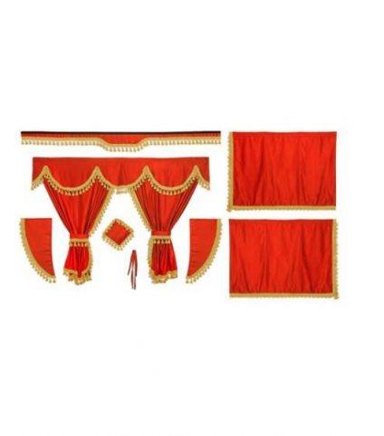 Kit Cortinas Tecido Opaco Vermelho Franjas Dourado