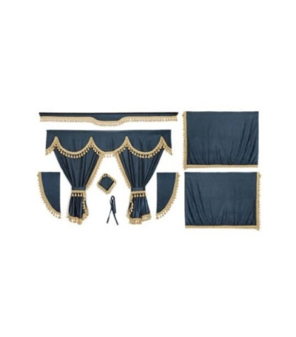 Kit de Cortinas em Tecido Opaco Azul Escuro Franjas Bege