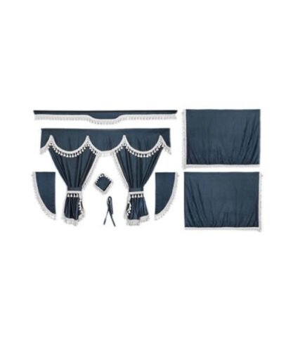 Kit de Cortinas em Tecido Opaco Azul Escuro Franjas Brancas