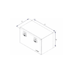 Desenho técnico de caixa retangular com fechos, medidas indicadas.