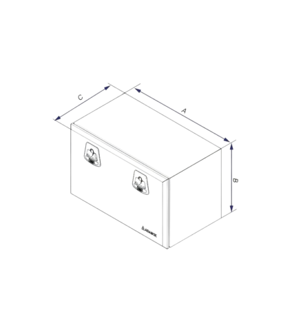 Desenho técnico de caixa retangular com fechos, medidas indicadas.
