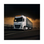 Camião grande em estrada ao anoitecer.