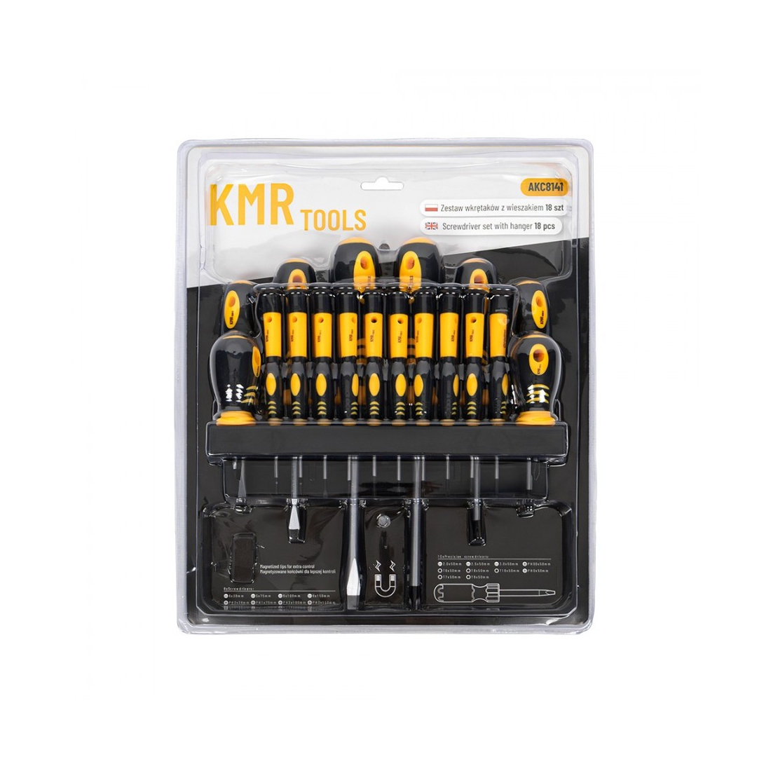 screwdrivers-set-with-hanger-18-pcs Conjunto de chave de fenda KMR Tools, 18 peças.