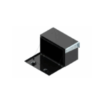 Caixa metálica preta aberta com dobradiças laterais.