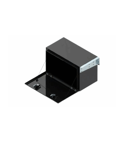 Caixa metálica preta aberta com dobradiças laterais.