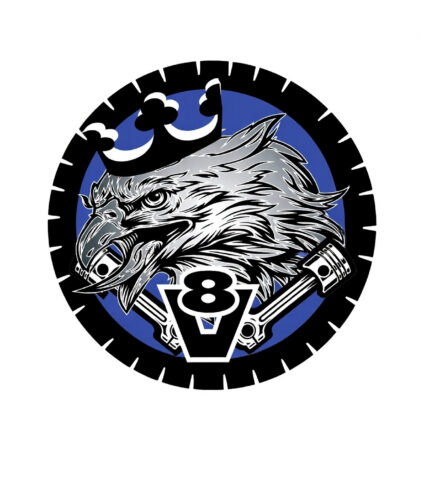 Logotipo de águia com pistões e coroa V8.
