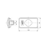 Desenho técnico de tomada elétrica com medidas.