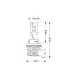 Diagrama técnico de lâmpada com medidas detalhadas.