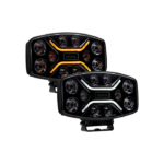 Faróis LED retangulares com design moderno e luzes fortes.