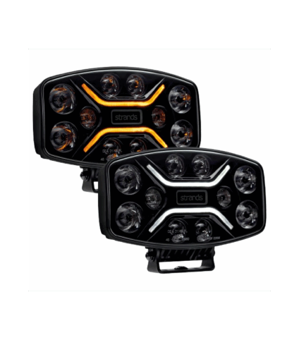 Faróis LED retangulares com design moderno e luzes fortes.