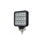 Foco retangular LED preto com suporte metálico.