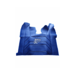 Capa de assento azul com desenho de lobo.