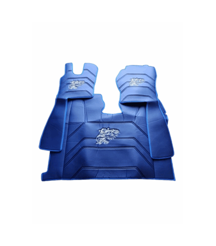 Tapetes azuis personalizados para automóvel com leão bordado.