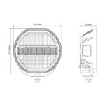 Desenho técnico de farol redondo com medidas detalhadas.