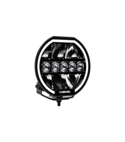 Farol led redondo preto com lâmpadas internas.