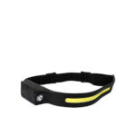 Lanterna de cabeça LED preta com faixa ajustável.