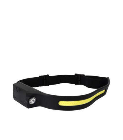Lanterna de cabeça LED preta com faixa ajustável.