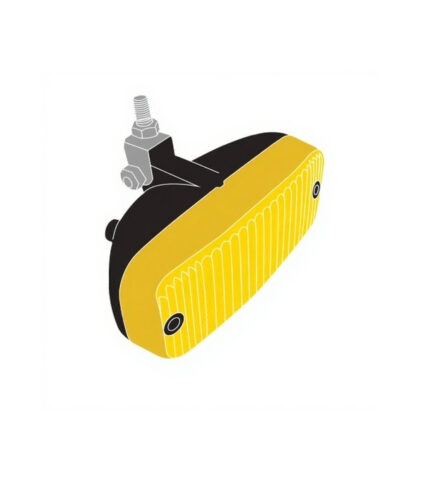 Luz de veículo amarela com suporte metálico.